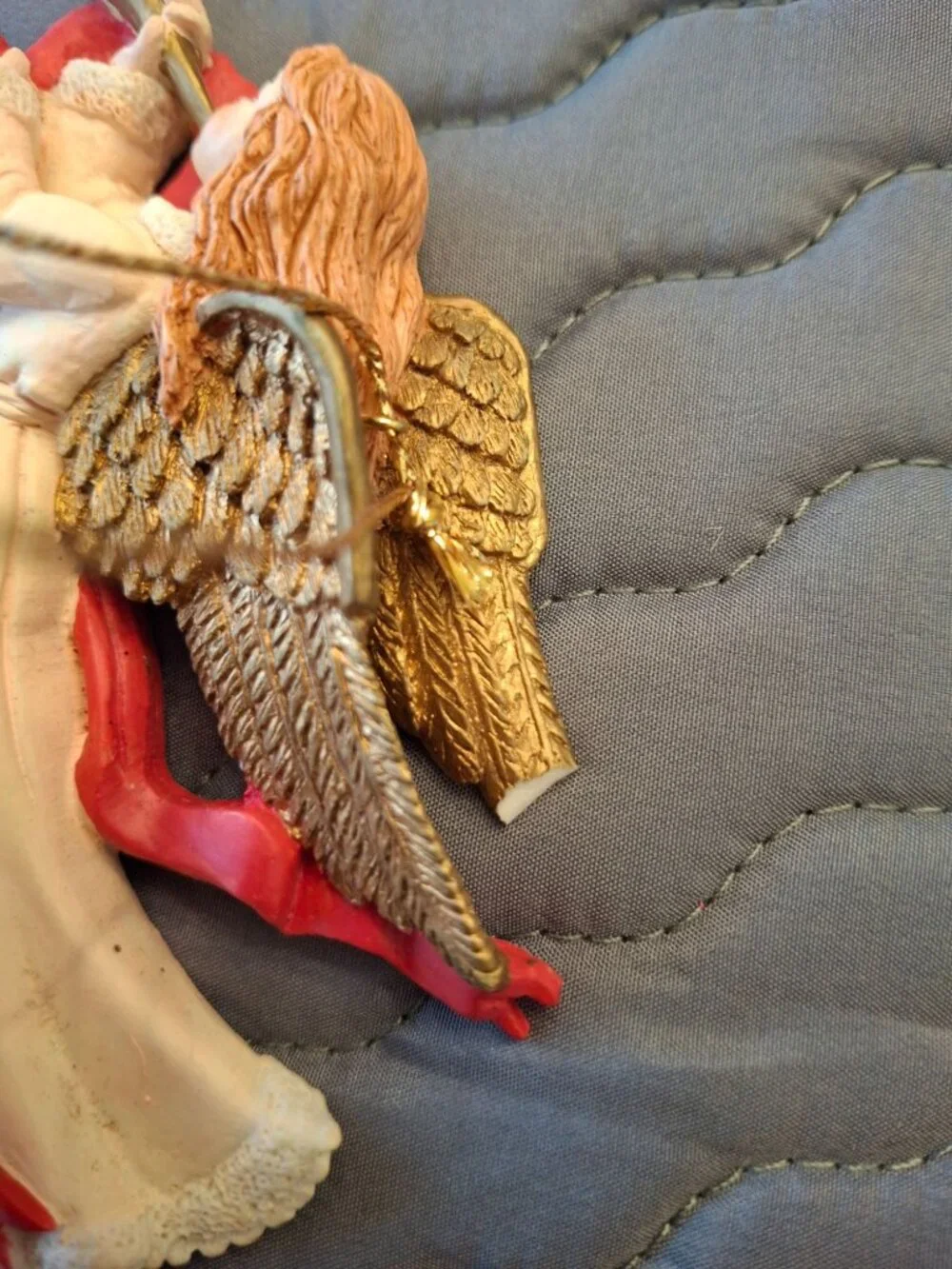 Vintage Flying Angel Trumpet Christmas Ornament Gold Wings Red Ribbon 4.5